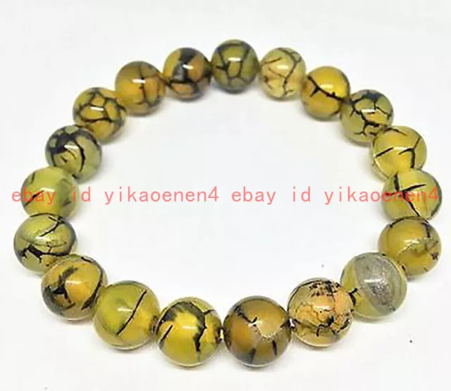 8/10/12mm Natural Yellow Dragon Veins Agate Gemstone Round Beads Bracelet 7.5''