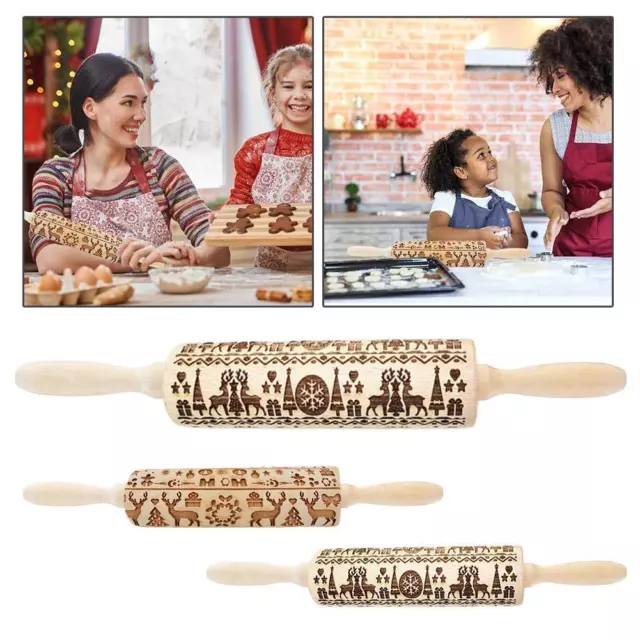 Wooden Rolling Pin Engraved Embossing Floral Pattern Christmas Baking R4R7