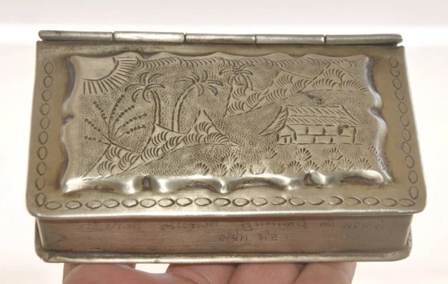 Vintage Brass Handcrafted Scenery Engraved Book Shape Betel Nut Box