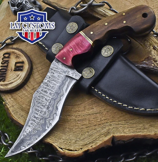 Hand Crafted Skinner Knife Ladder Damascus Walnut Wood Wooden Bolster Outdoor