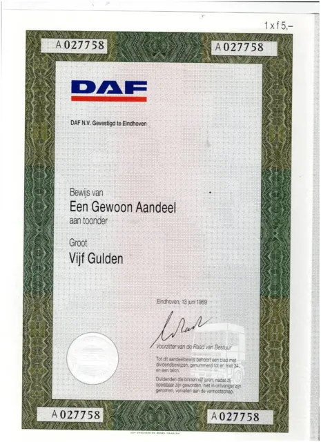 DAF N.V. (Van Doorne’s Automobiel Fabriek), Eindhoven 1989, 1 share FL 15,- rare