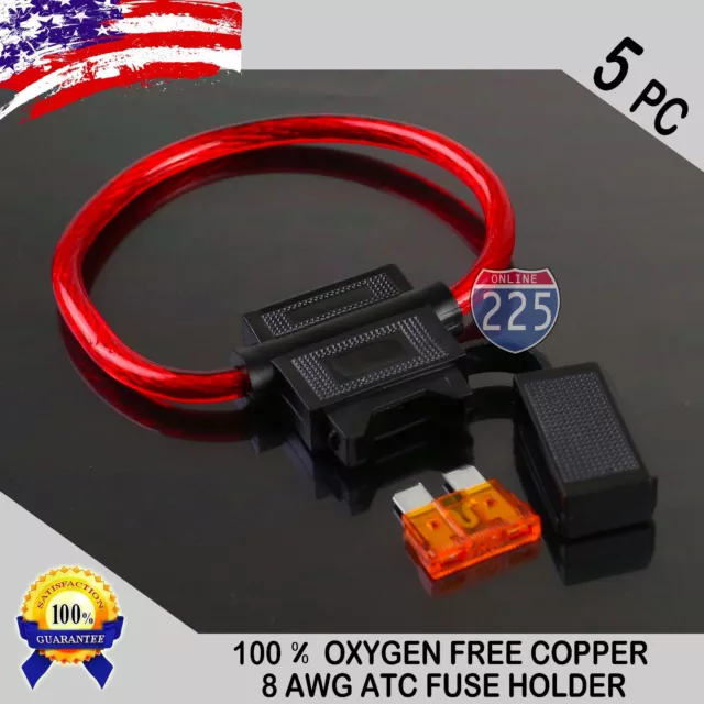 5 Pack 8GA. Gauge ATC In-Line Blade Fuse Holder 100% OFC Copper Wire + 1A - 40A