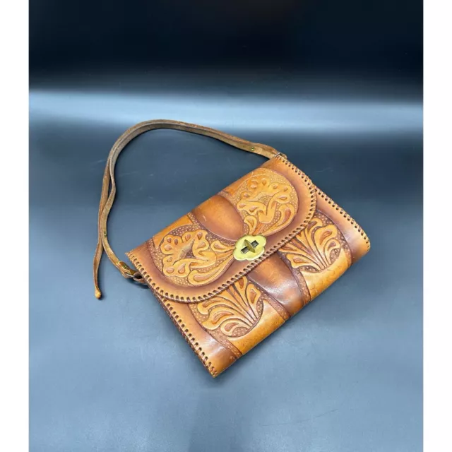Vintage Leather Purse Hand Tooled Shoulder Bag Handmade Western Flowers Pockets