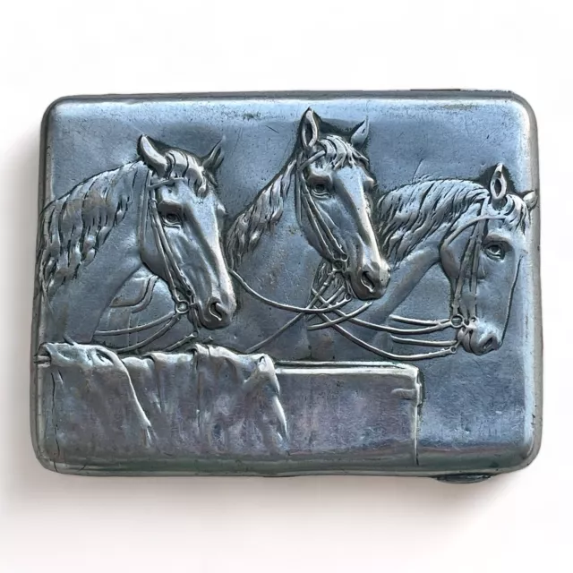 Vintage Soviet Russian Cigarette Case Horses Melchior Silver Toned USSR 1930’s