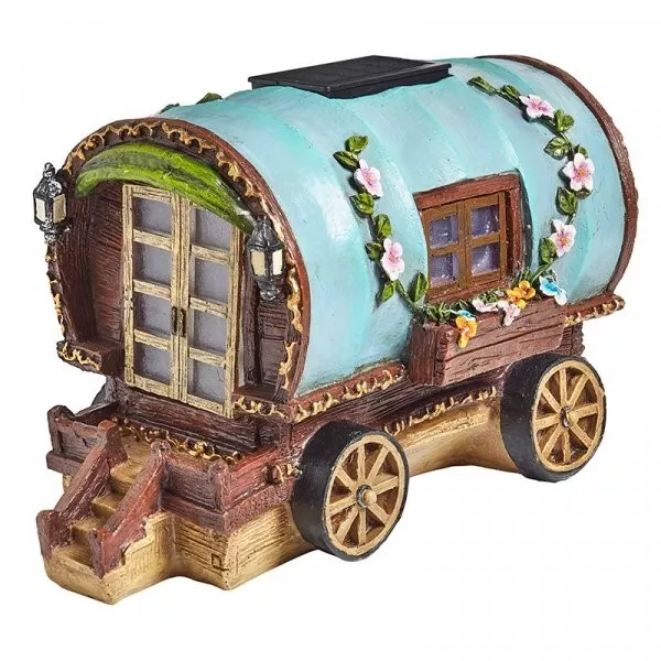 Lovely Detail Gypsy Rose Caravan Wagon Solar Powered Light Up Fairy Garden House