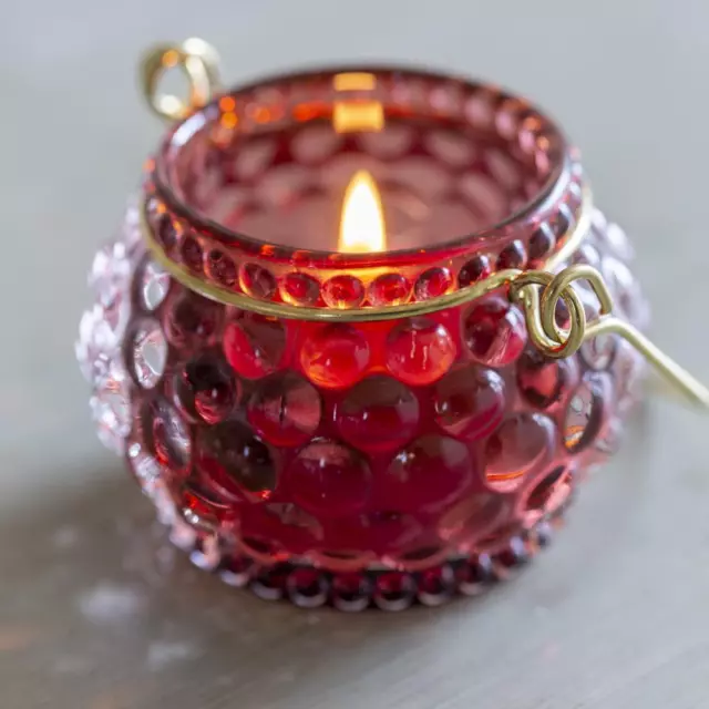 Plum Red Glass Tea Light Candle Holder, Hanging Bubble Hobnail Dots Votive