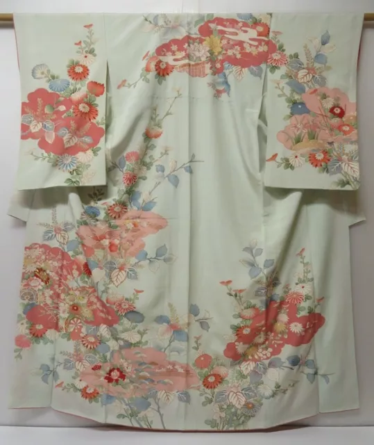 2128T05z940 Vintage Japanese Kimono Silk TSUKESAGE Flower cart Light blue
