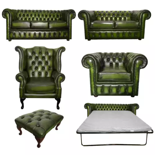 Genuine Leather Antique Green Chesterfield Sofa Settee 3 Seater Armchair Stool
