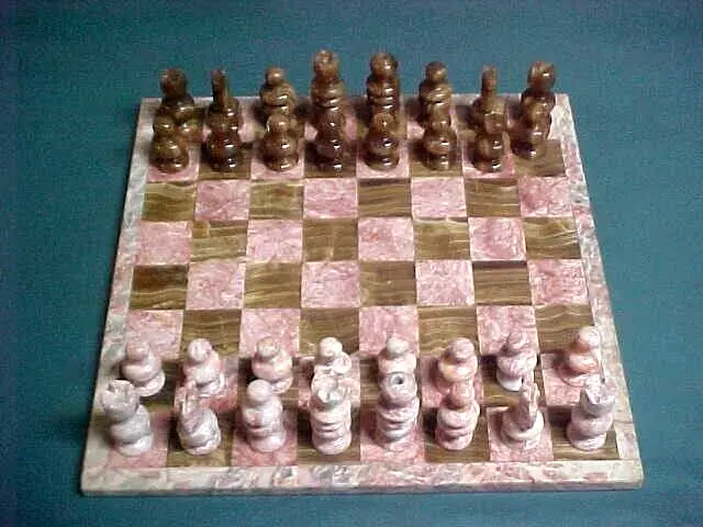 Vintage Stone Marble & Coral Complete Chess Set +Matching Board 13 1/2"X 13 1/2"