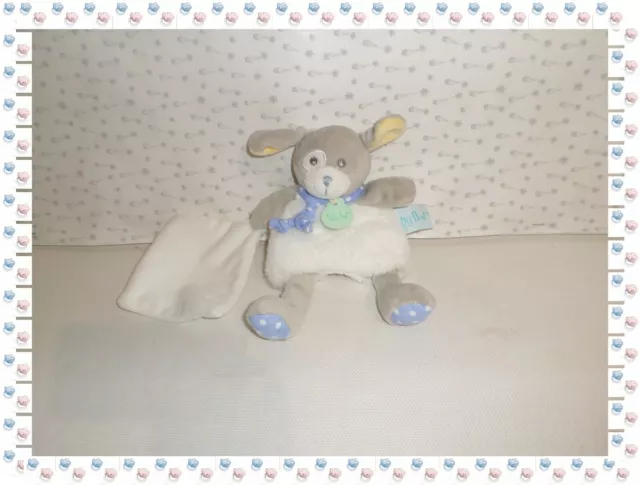 ◈ - Doudou Pantin Chien  Poupi Mouchoir Tons  Bleu Blanc Gris Jaune  Baby Nat