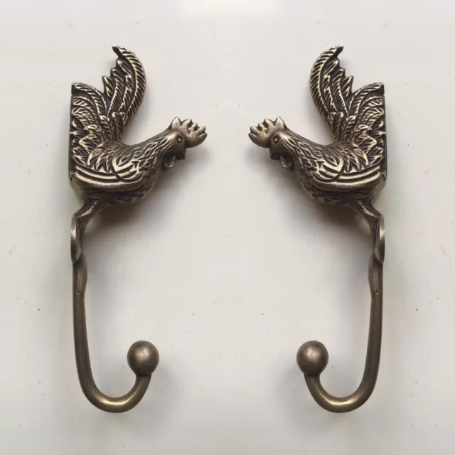 2 rooster WALL HOOKS chicken BRASS old style look SCREW to wall aged hen B