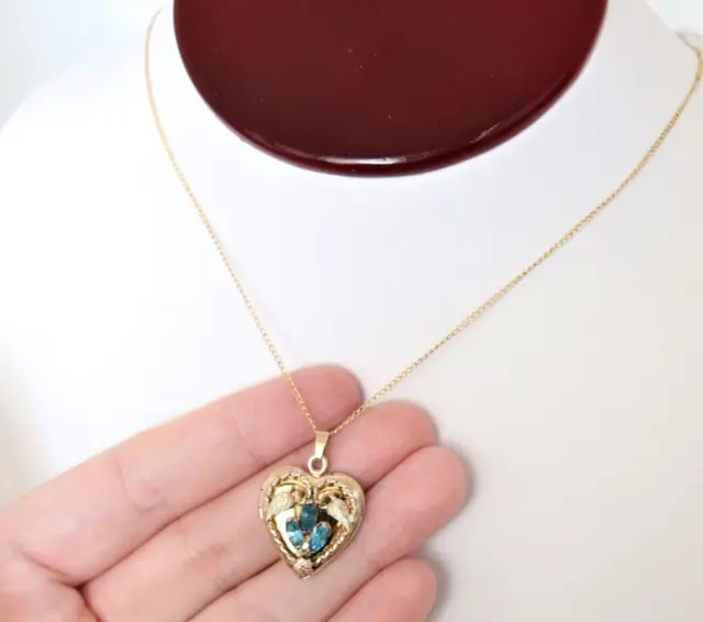 Vintage 12k Gold Filled Heart Locket Blue Rhinestone Green Gold Leaves & Chain
