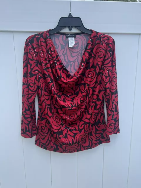 Prelude Sequined Floral Blouse Women's Medium Red & Black Drape Neck Vtg