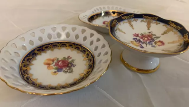 Vtg PM Martinroda Porcelain Trinket Dishes Germany Blue Gold  Floral-qty 3