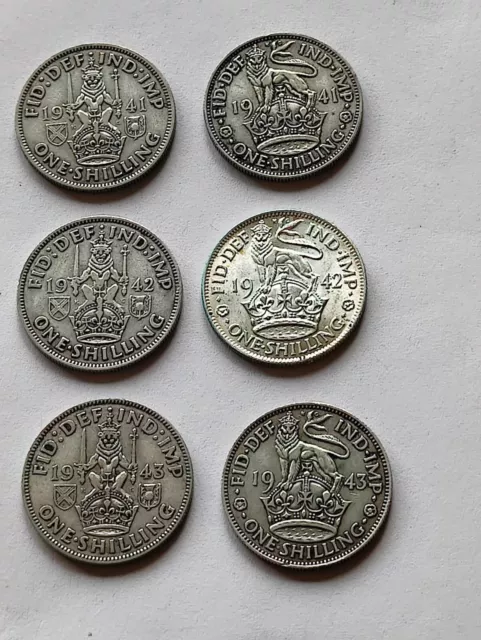 6 George VI one shilling Coins - 1941-1943 - English & Scottish