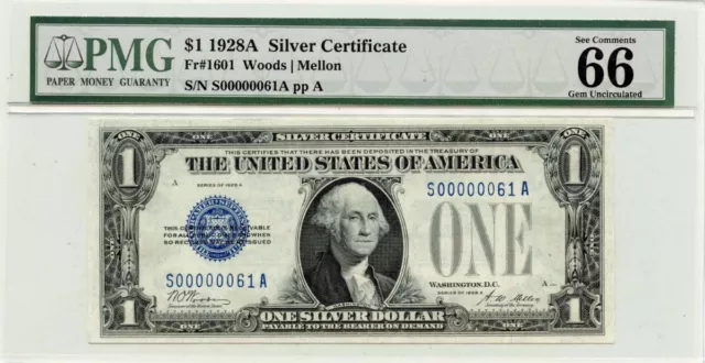 1928A $1 Silver Certificate Fr# 1601 PMG Gem66 EPQ 2 Digit