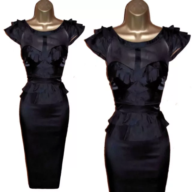 Karen Millen UK 10 (US 6) EXQUISITE BLACK SILK RUFFLE COCKTAIL PENCIL DRESS