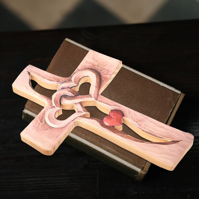 Croce In Legno Intagliato A Mano Con Cuore - 2 Pezzi Per Preghiera - Foto 3