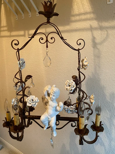 VERY RARE, BEAUTIFUL French Chandelier with Porcelain Roses and Cherubs on Swing