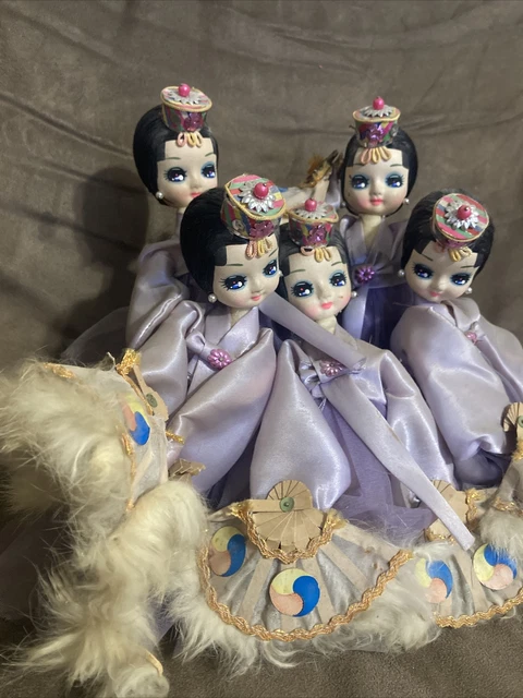 Vintage Korean Big Eye Bradley Style Doll Set 5! Fan Dancers Used See Pics