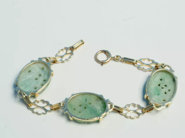 Art Deco Vintage 14K SOLID Yellow GOLD 15.1 gram jadeite jade cabochon BRACELET 3