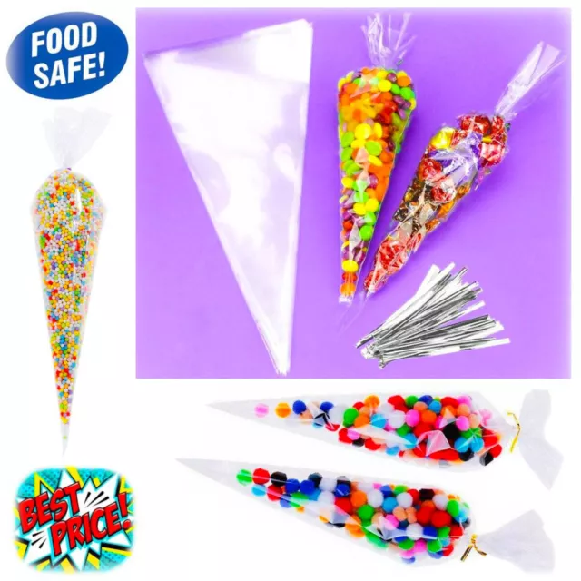 Clear Cellophane Cello Cone Sweet Bags Candy Kid Party Favour Gift Treats Twists 3