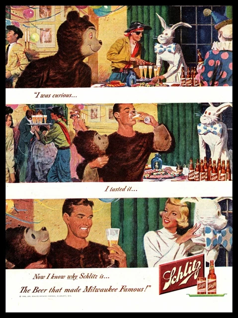 1949 Schlitz Beer Halloween Party Bear Rabbit Pirate Costumes Vintage Print Ad