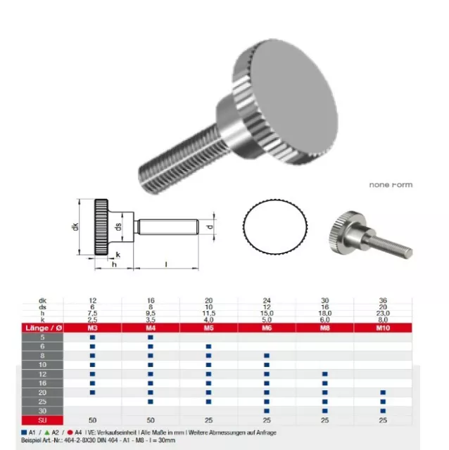 1x 5x 10x Rändelschraube DIN 464 M3 M4 M5 M6 M8 hohe Form EDELSTAHL A1 / 1.4305