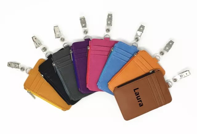 Leather Zipper Vertical ID Badge Holder 4 card slots with Personalized Engraving