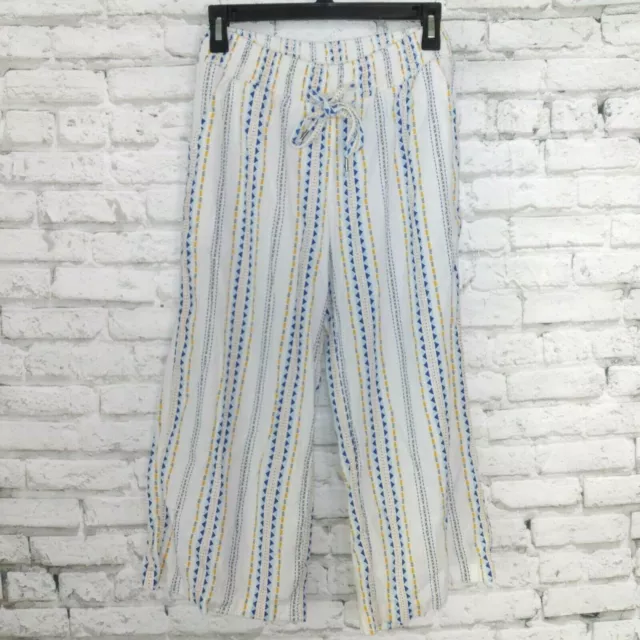 Style & Company Pants Womens Small White Blue Geometric Pull On Wide Leg Smocked