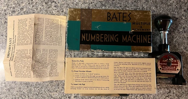 Vintage Bates Multiple 4 Movement Numbering Machine 6 Wheel Box & Paperwork