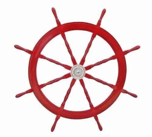 36 " Grand Bateau Direction Roue Rouge en Bois Ancien Teck Laiton Marin Pirate