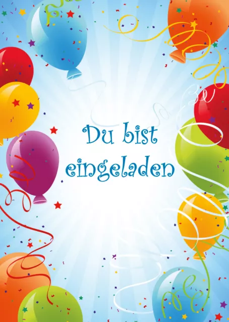 6 bunte Einladungskarten zur Party oder zum  Kindergeburtstag mit Luftballons