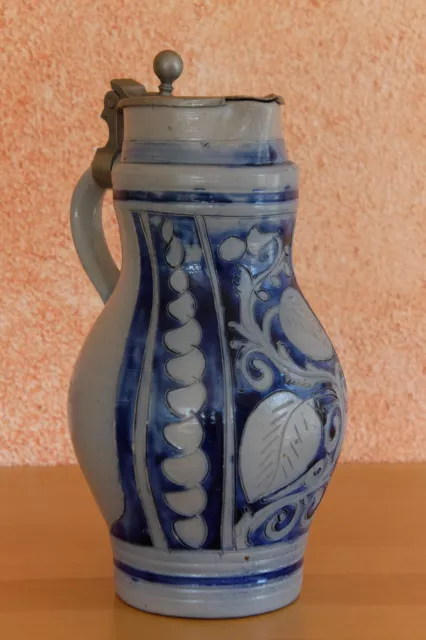 1,5l antiker Westerwälder Mostkrug Keramik geritzt Salzglasur Zinndeckel ca 1850