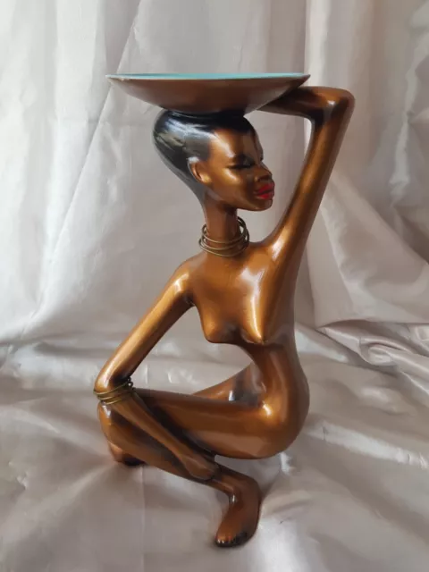 alte Cortendorf Keramik Figur Afrikanerin Akt mit Schale Bronze 50er