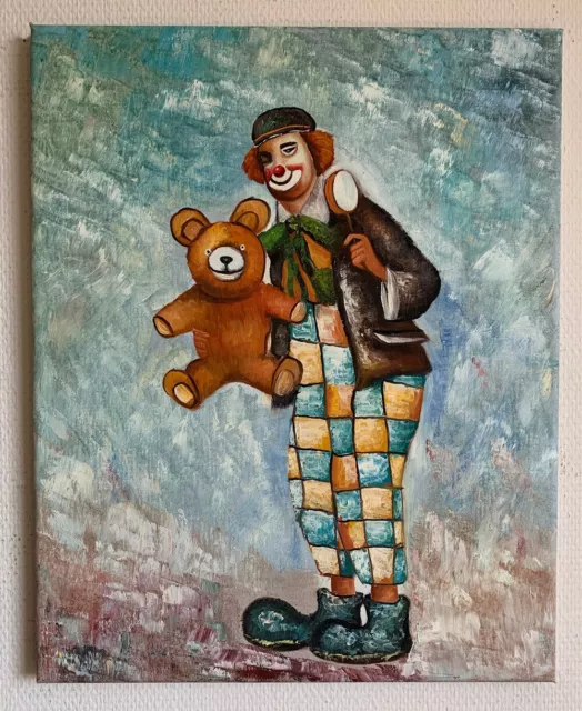 Farbenfrohes Ölgemälde handgemalt Leinwand Keilrahmen CLOWN mit Teddy 40x50cm