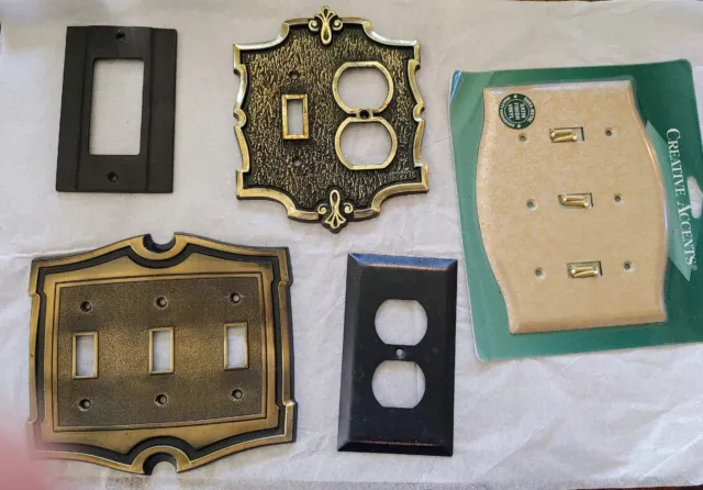 5 interruptores de luz de metal vintage y cubiertas de placa de pared usadas