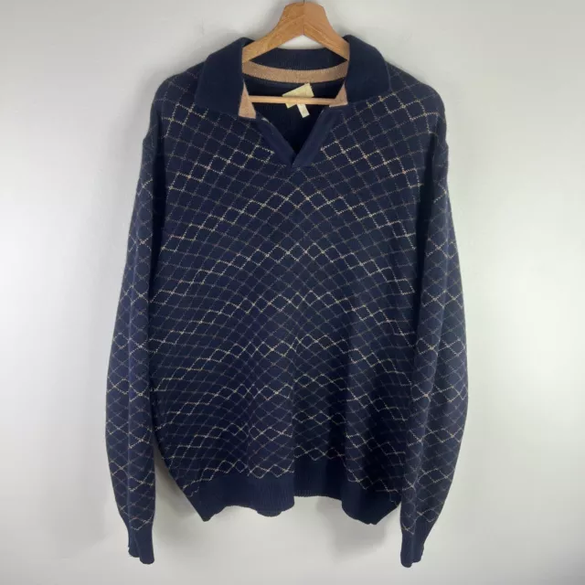 Brioni Pullover Sweater Mens Large Blue Navy Argyle Pattern 100% Cashmere Italy