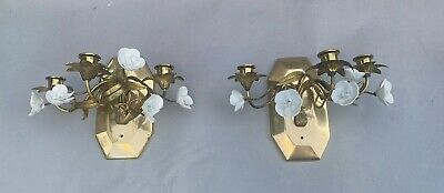 Pair of Vintage Antique Italian Style Candelabra Wall Sconces Porcelain Flowers