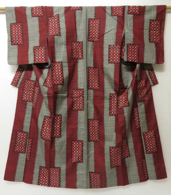 2314T04z750 Vintage Japanese Kimono Silk MEISEN KOMON  Dark red