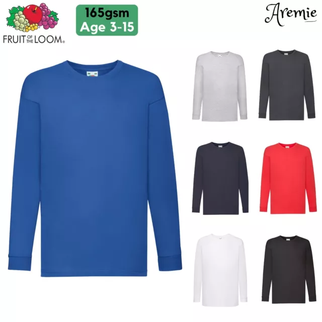 Fruit Of The Loom Kids Plain Long Sleeve T Shirt, Boys Girls Casual Top Age 3-15