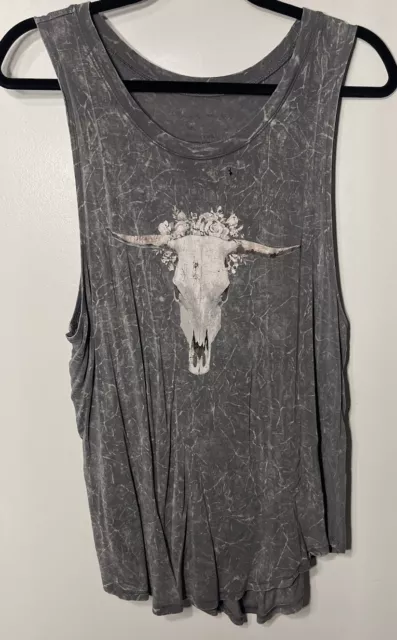 Grayson Threads Womens Top Gray Tank Floral Bull Cow Skull Acid Mineral Wash L
