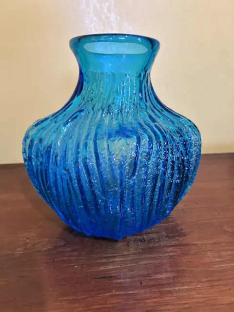 Vintage Unique Large Style Hand Blown Aqua Blue Vase, Blenko????