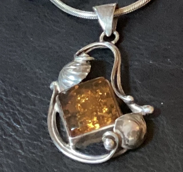 Vtg Baltic Amber Arts Crafts Sterling Silver Art Nouveau Pendant  10.19g Floral