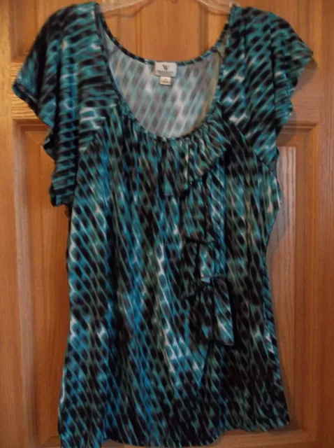 Worthington Woman's Plus Size 1X Top ~Flutter Sleeve Aqua & Black Ruffle Accent