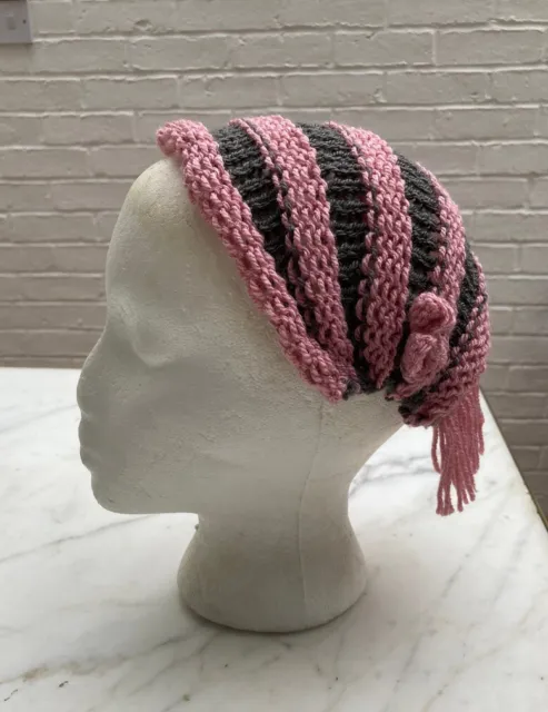 Victorian style sortie hat Grey & Pink stripes hand knitted one size NEW