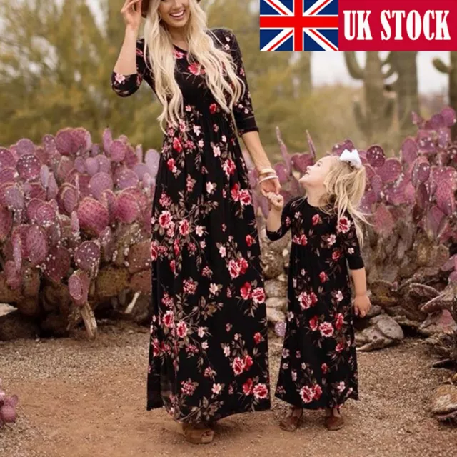 UK Fashion Family Matching Clothes Mother Daughter Dress Women Long Floral Dress