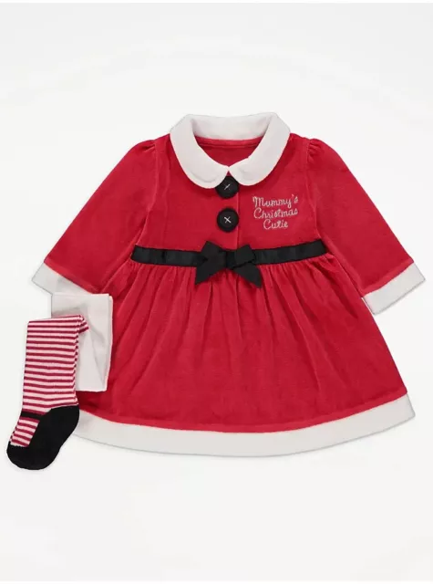 “Mummy’s Little Cutie” Red & White Velour Baby Christmas Dress & Tights Set