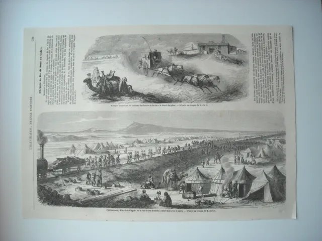Gravure 1857. Egypte. Chemin De Fer De Suez Au Caire. A Sayal-El-Elagate Etabli.