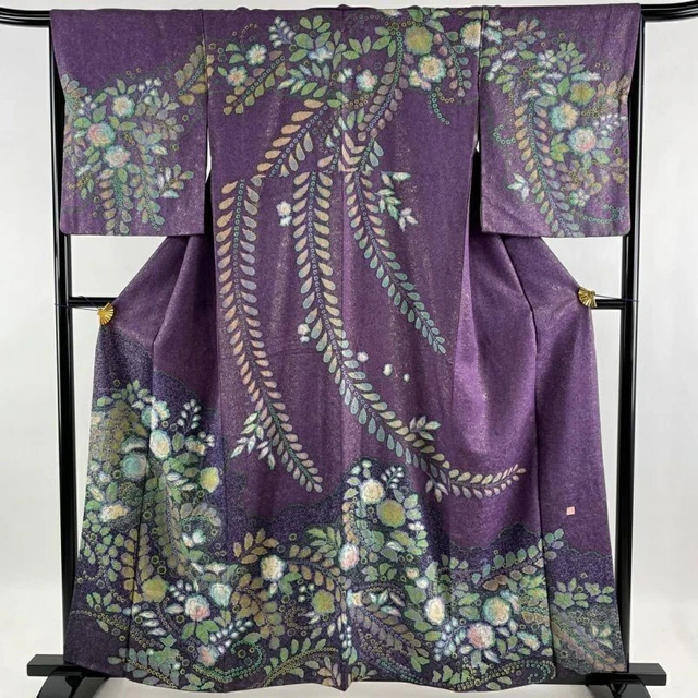 Woman Japanese Kimono Houmongi Silk Tsujigabana Pattern Gold Thread Purple Sign